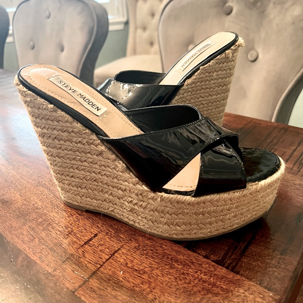 Steve Madden Black Espadrille Wedges sz 7.5
